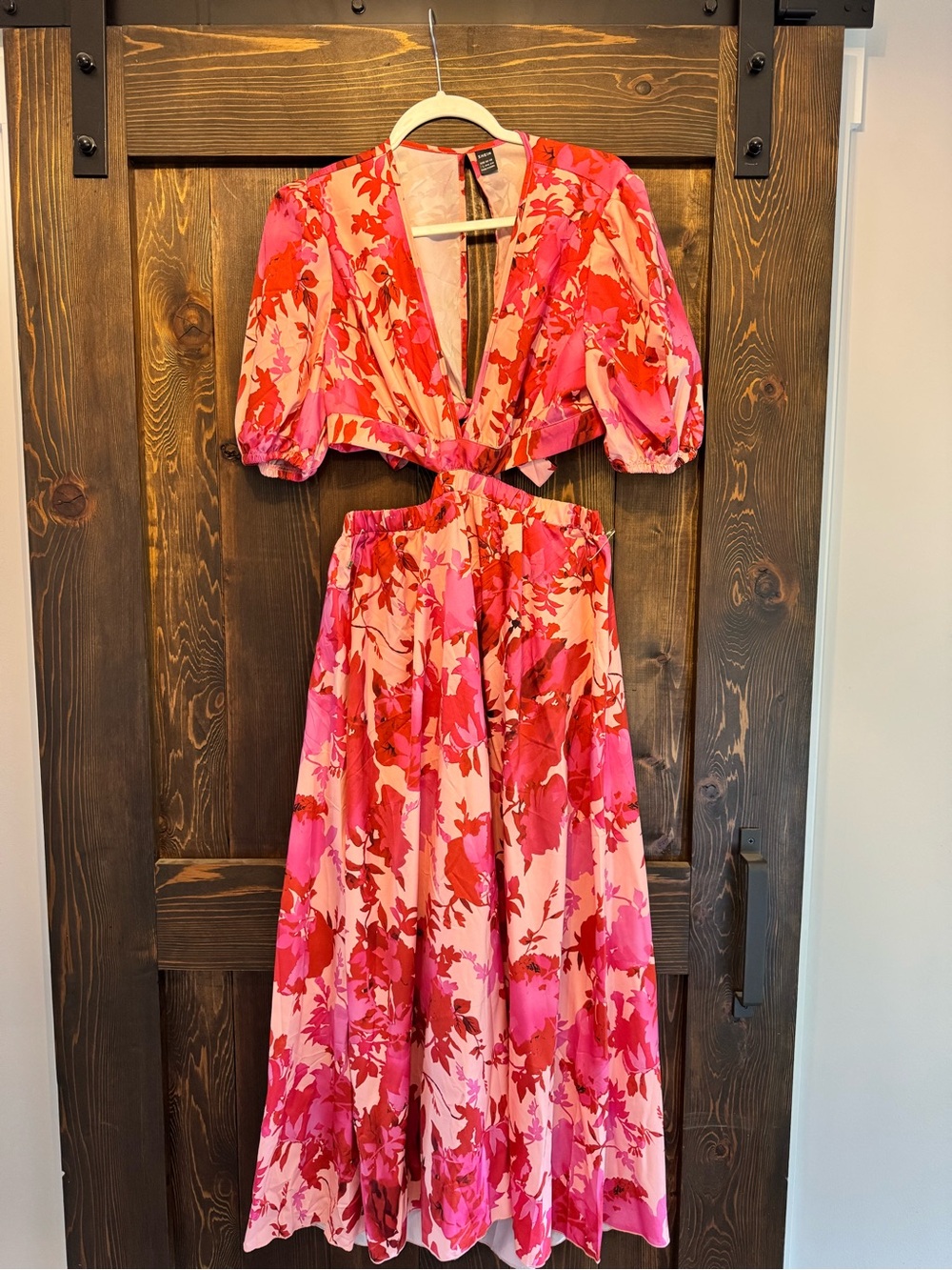 SHEIN Pink and Red Floral Cutout Maxi Dress